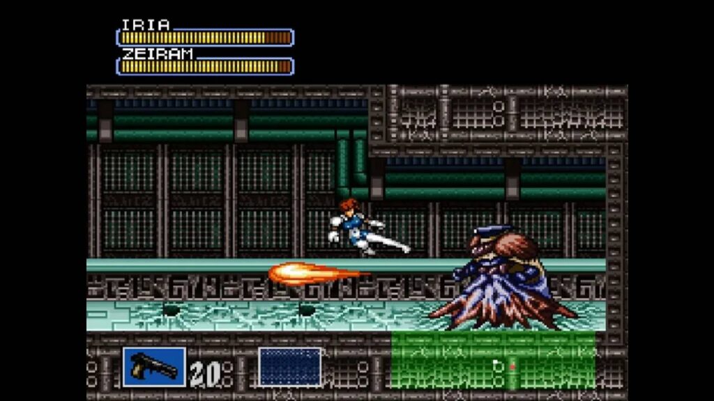 Hyper Iria executando um pulo e um chute aéreo no inimigo Zeiram