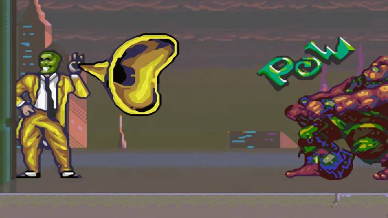 O Máscara usando uma de suas habilidades, a buzina, no The Mask de Super Nintendo.