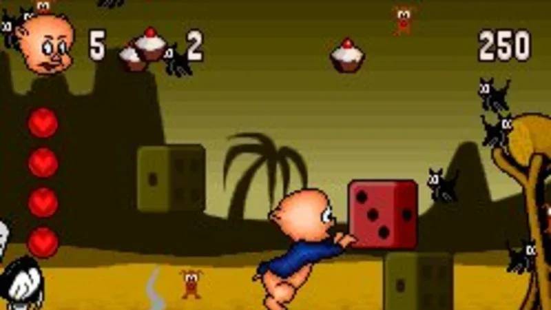 Imagem mostrando um pouco da gameplay de Porky Pig's Haunted Holiday, com o Gaguinho executando um salto.